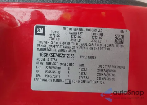 2012 Chevrolet Silverado 1500 Lt z USA, uszkodzony, nr VIN 1GCRKSE74CZ312163